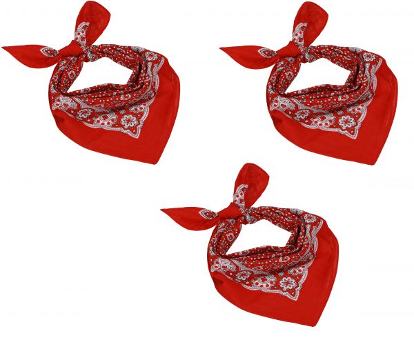 3 piece set Bandana Headscarf Neckerchief with Classic Paisley Pattern Size: 55 x 55 cm, Colour: red