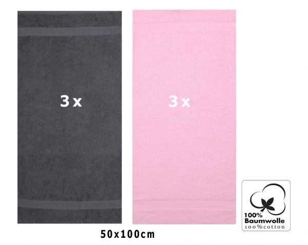 6 unidades toallas de mano serie Palermo 100% algodon color gris antracita y rosa 6 toallas tamaño 50x100 cm de Betz