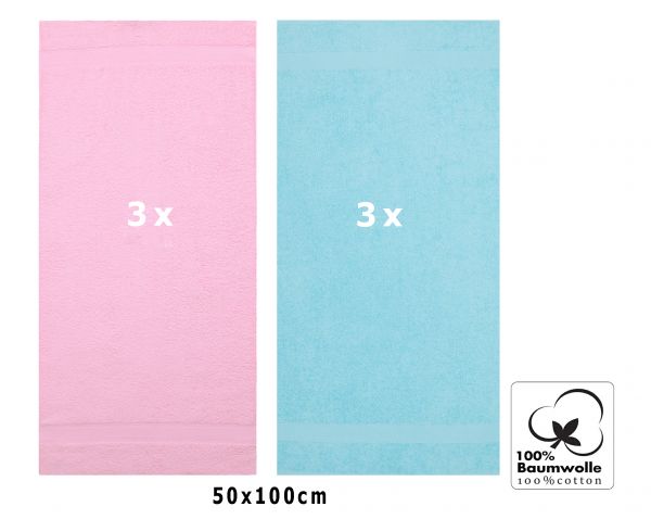 Lot de 6 serviettes Palermo couleur: 3 rose et 3 turquoise, 6 serviettes de toilette 50 x 100 cm de Betz