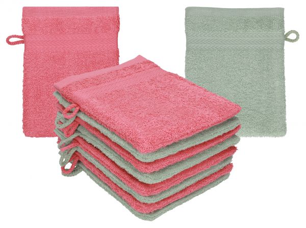 Betz 10 Stück Waschhandschuhe PREMIUM 100% Baumwolle Waschlappen Set 16x21 cm Farbe himbeere - heugrün