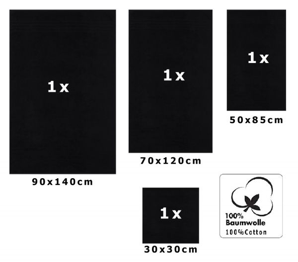 Lot de 4 serviettes/Set de sauna "Deluxe", couleur noir, qualité 430 g/m², 1 drap de plage 90 x 140 cm, 1 serviette de bain 70 x 120 cm, 1 serviette de toilette 50 x 85 cm, 1 lavette 30 x 30 cm de BETZ