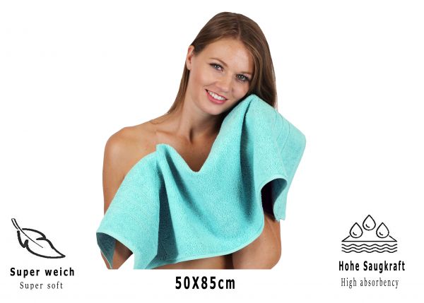 Lot de 4 serviettes/Set de sauna "Deluxe", couleur turquoise, qualité 430 g/m², 1 drap de plage 90 x 140 cm, 1 serviette de bain 70 x 120 cm, 1 serviette de toilette 50 x 85 cm, 1 lavette 30 x 30 cm de BETZ