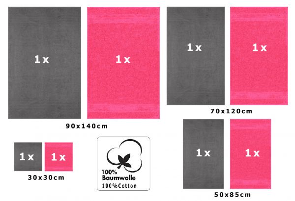 Betz 8-tlg. Handtuch-Set DELUXE 100% Baumwolle 2 Badetücher 2 Duschtücher 2 Handtücher 2 Seiftücher Farbe anthrazit grau und fuchsia