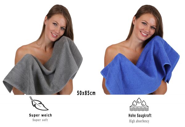 Lot de 8 serviettes/Set de sauna "Deluxe", couleur gris anthracite et bleu, qualité 430 g/m², 2 draps de plage 90 x 140 cm, 2 serviettes de bain 70 x 120 cm, 2 serviettes de toilette 50 x 85 cm, 2 lavettes 30 x 30 cm de BETZ