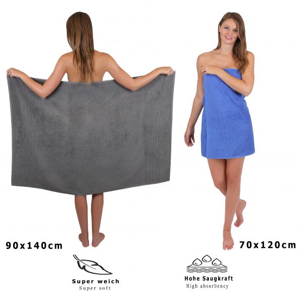 Lot de 8 serviettes/Set de sauna "Deluxe", couleur gris anthracite et bleu, qualité 430 g/m², 2 draps de plage 90 x 140 cm, 2 serviettes de bain 70 x 120 cm, 2 serviettes de toilette 50 x 85 cm, 2 lavettes 30 x 30 cm de BETZ