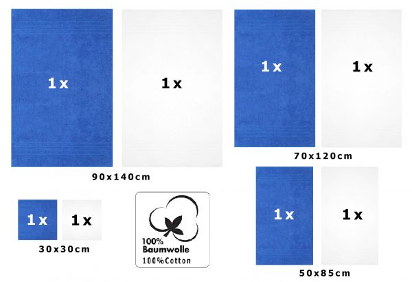 Lot de 8 serviettes/Set de sauna "Deluxe", couleur blanc et bleu, qualité 430 g/m², 2 draps de plage 90 x 140 cm, 2 serviettes de bain 70 x 120 cm, 2 serviettes de toilette 50 x 85 cm, 2 lavettes 30 x 30 cm de BETZ