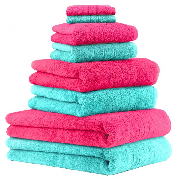 Lot de 8 serviettes/Set de sauna "Deluxe", couleur fuchsia et turquoise, qualité 430 g/m², 2 draps de plage 90 x 140 cm, 2 serviettes de bain 70 x 120 cm, 2 serviettes de toilette 50 x 85 cm, 2 lavettes 30 x 30 cm de BETZ