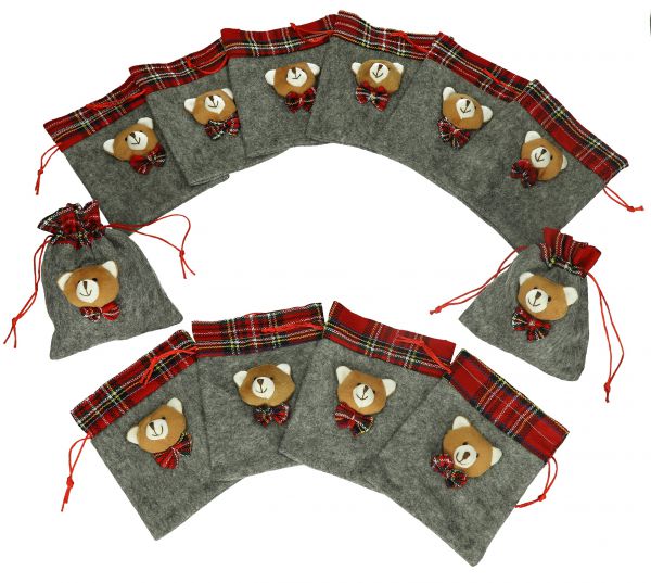 Betz 12 pieces Sack Christmas and felt optics sack Fabric gift sack Gift bag gray / red with bear Size: 14 x 17 cm