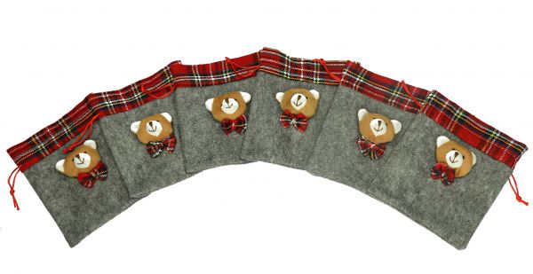 Betz 6 piezas bolsita bolsa saquete de tejido para regalo o Navidad o Santa Claus de óptica de fieltro - gris rojo con oso 14x17 cm
