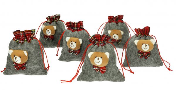 Betz 6 pieces Sack Christmas and felt optics sack Fabric gift sack Gift bag gray and red with bear Size: 14 x 17 cm