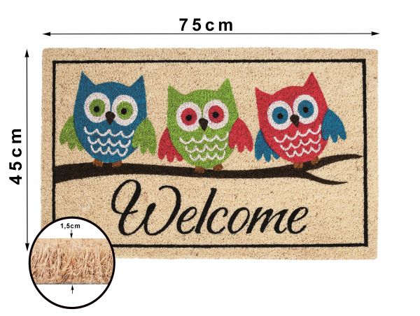 Betz paillasson rectangulaire essuie-pieds tapis en fibre de coco 3 HIBOUX Welcome couleur beige taille 45x75 cm