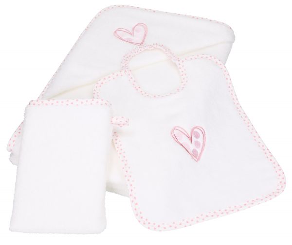 Betz Babyset CUORICINO 3 pz. asciugamano con cappuccio 85x85 cm 100% cotone 1 asciugamano da bagno per bambini 1 bavaglino 1 guanto da bagno Baby