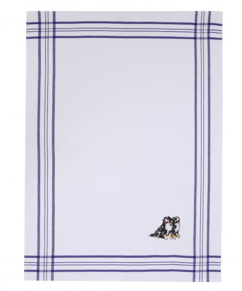 Set di 2 strofinacci in cotone a nido d'ape, colore: blu, motivo ricamato: cani, misure: 50 x 70 cm