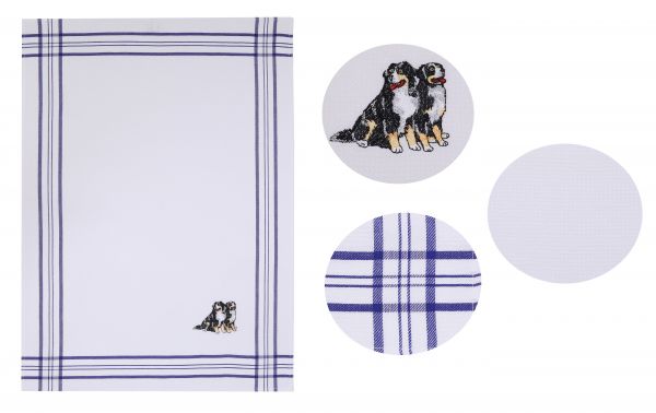 Set di 2 strofinacci in cotone a nido d'ape, colore: blu, motivo ricamato: cani, misure: 50 x 70 cm