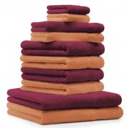 10 uds. Juego de toallas "Classic" &#8211; Premium , color: naranja  y rojo oscuro , 2 toallas cara 30x30, 2 toallas de invitados 30x50, 4 toallas de 50x100, 2 toallas de baño 70x140 cm