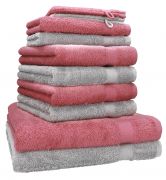 Juego de toallas PREMIUM, 10 piezas, color: gris argentado y rosa  - 2 manoplas de baño, 2 toallas para invitados, 4 toallas de mano, 2 toallas de baño