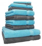 Betz lot de 10 serviettes set de 2 serviettes, draps de bain 4 serviettes de toilette 2 serviettes d‘invité 2 gants de toilette 100% coton Premium couleur turqoise, gris anthracite
