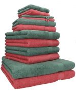 Betz 12 Piece Towel Set PREMIUM 100% Cotton 2 Wash Mitts 2 Wash Cloths 2 Guest Towels 4 Hand Towels 2 Bath Towels - raspberry/fir green