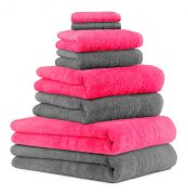 Betz Juego de 8 toallas DELUXE 100% algodón de color gris antracita y fucsia