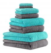 Betz Juego de 8 toallas DELUXE 100% algodón de color gris antracita y turquesa