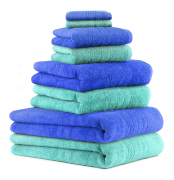 Betz Juego de 8 piezas de toallas 100% algodón 2 toallas de baño 2 toallas de ducha 2 toallas 2 toallas cara DELUXE de color turquesa y azul